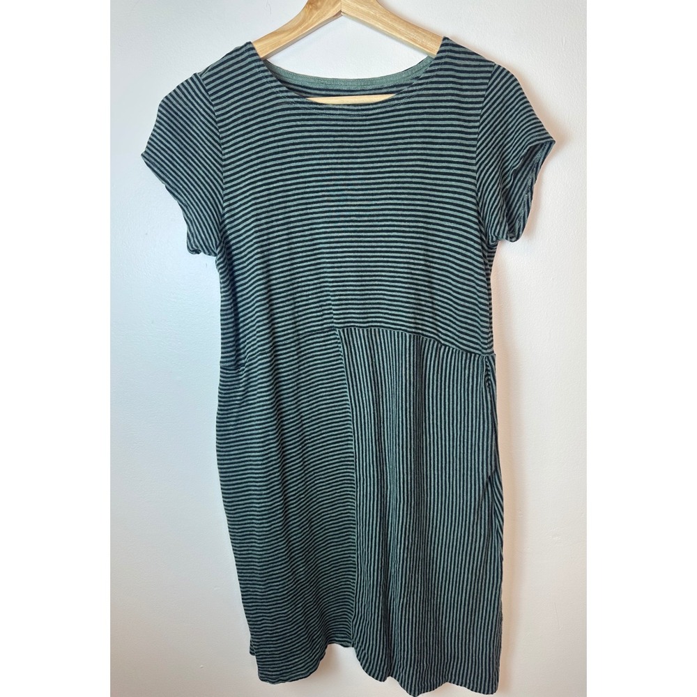 Eileen Fisher Boxy Shift Dress S/P Organic Linen Green Striped Short Sleeve Knit